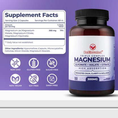 BeElevated High Absorption Triple Magnesium Complex for Sleep, Relaxation & Muscle Support – 300mg of Magnesium Glycinate, Citrate & Malate BeElevated