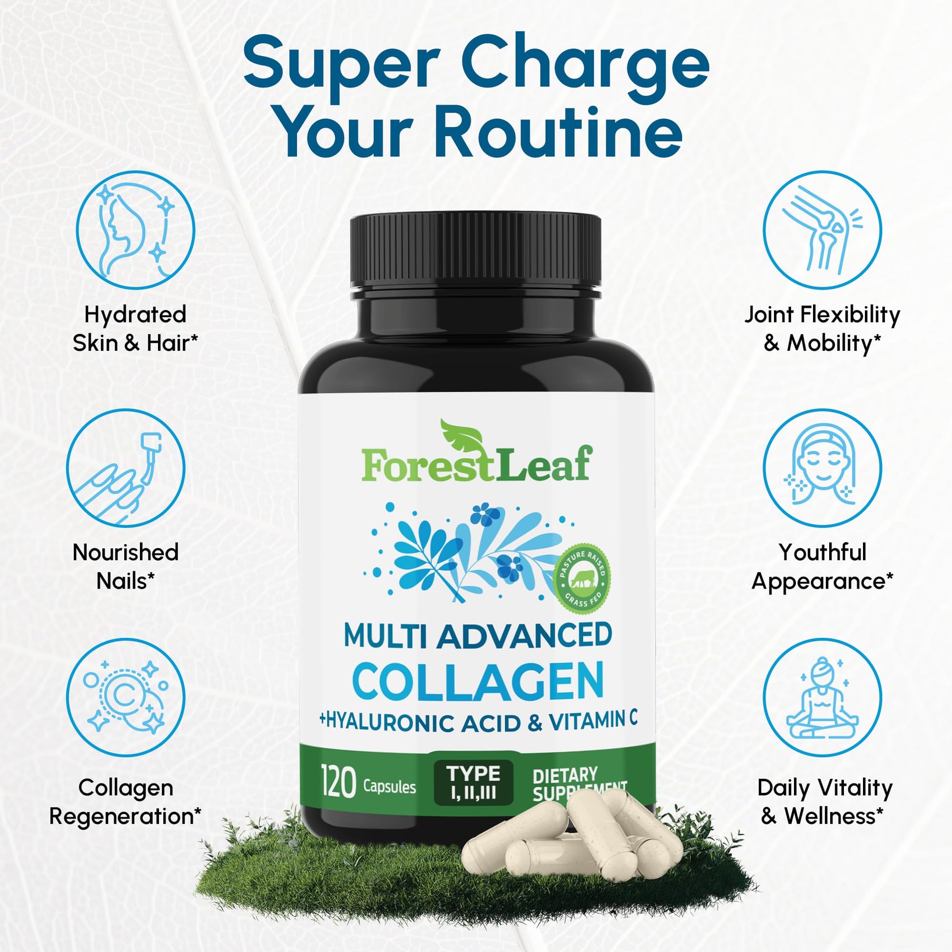 ForestLeaf Multi Collagen Pills with Hyaluronic Acid + Vitamin C | Hydrolyzed Collagen Supplements for Women or Men | Multi Collagen Capsules Peptides for Skin, Wrinkles, 120 Caps ForestLeafBuy Supplements Australia