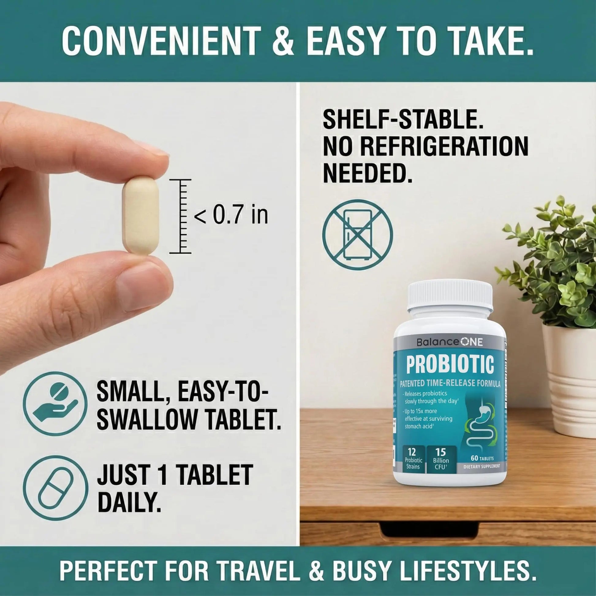 Balance ONE Time Release Probiotic – 15 Billion CFU – 12 Strains Including L. Plantarum – 15x More Survival Than Capsules – Bloating & Gas Relief – Gut & Digestive Health for Women & Men – 60 Tablets Balance ONEBuy Supplements Australia