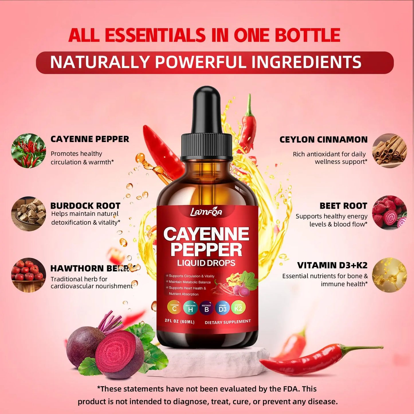 Cayenne Pepper Liquid Drops - Potent Blend with Hawthorn Berry, Turmeric Curcumin, Vitamin D3 K2, Beet Root & Panax Ginseng - Vegan, Non-GMO, High Absorbed Gentle Formula - 2 OZ LAMFQA buy supplements Au