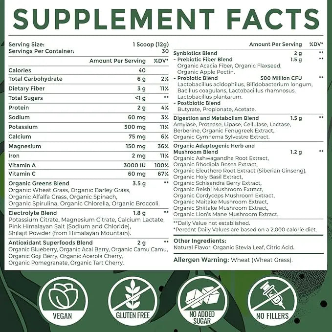 Super Greens Powder Superfood + Electrolytes & Tonic Herbs | Organic Greens, Shilajit, Adaptogens, Antioxidants, Preobiotic & Probiotic & Postbiotic| for Energy, Gut & Immune| Unflavored - 30 Servings Sundhedsliv buy supplements Au