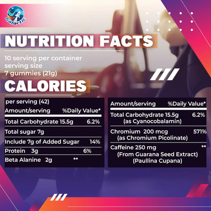 Galactic Pre-Workout Gummies, All Natural, 250mg Caffeine, Beta-Alanine, L-Citrulline Galactic
