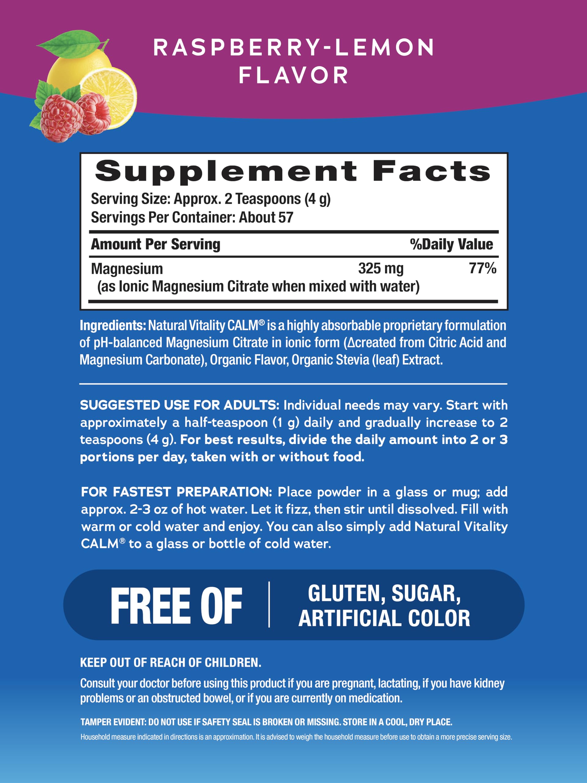 Natural Vitality Calm Powder Rasp Lemon, 8 oz Natural VitalityBuy Supplements Australia