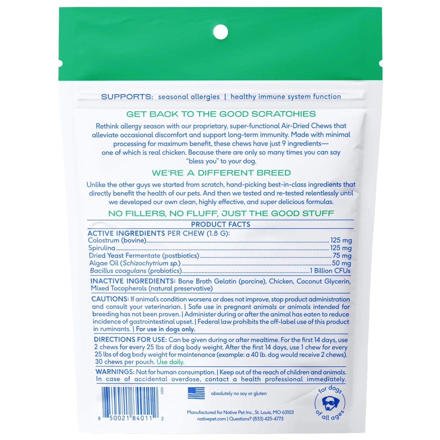 Native Pet Dog Allergy Chews - Dog Allergy Relief for Medium Breeds - Supports Seasonal Itch Relief, Healthy Immune Function & Reduces Sneezing - Colostrum, Spirulina, & Probiotics - 30 Days Supply Native PetBuy Supplements Australia