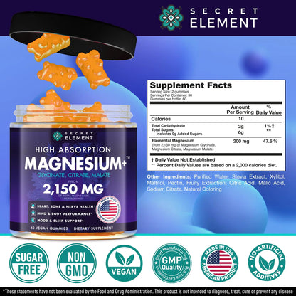 Secret Element Magnesium Glycinate 2150MG Gummies for Women and Men, High Absorption Magnesium Glycinate, Citrate, Malate Gummies for Adults & Kids, Sleep Support Secret Element
