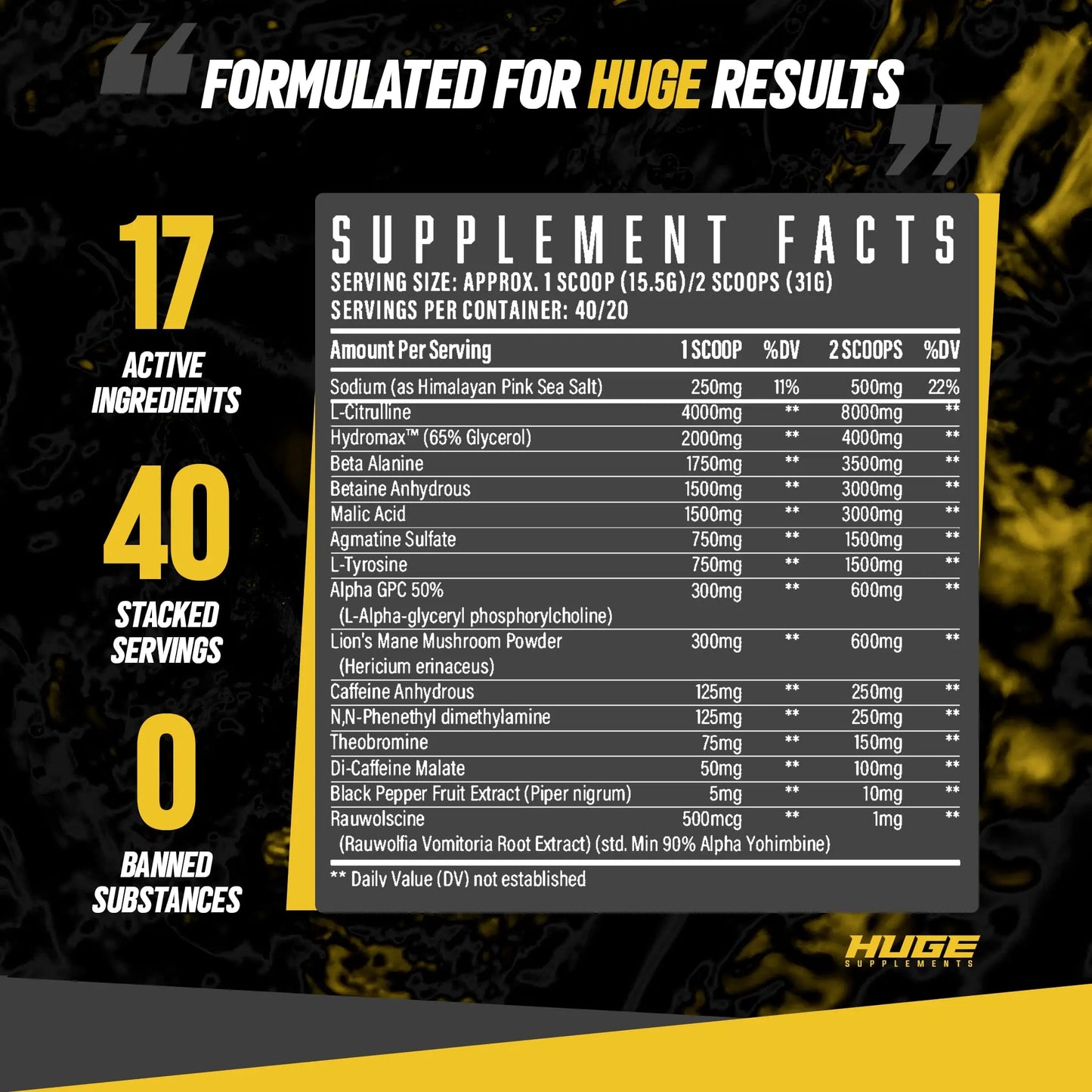 Huge Supplements Wrecked Pre-Workout, 30G+ Ingredients Per Serving to Boost Energy Huge Supplements