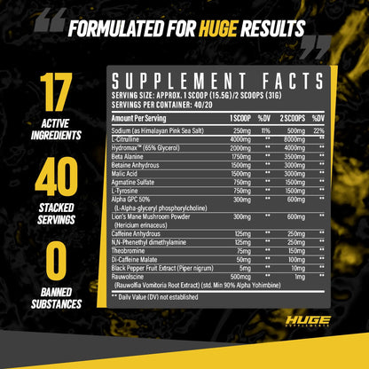 Huge Supplements Wrecked Pre-Workout, 30G+ Ingredients Per Serving to Boost Energy Huge Supplements