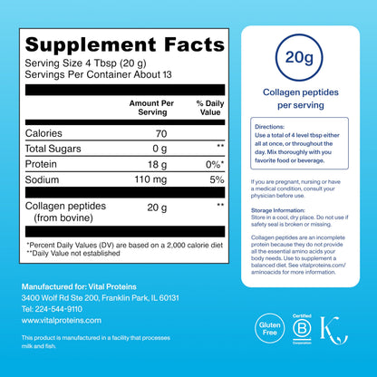 Vital Proteins Collagen Peptides Powder - Supports Hair, Nail, Skin, Bone & Joint Health, Unflavored, Collagen Protein 9.33 OZ