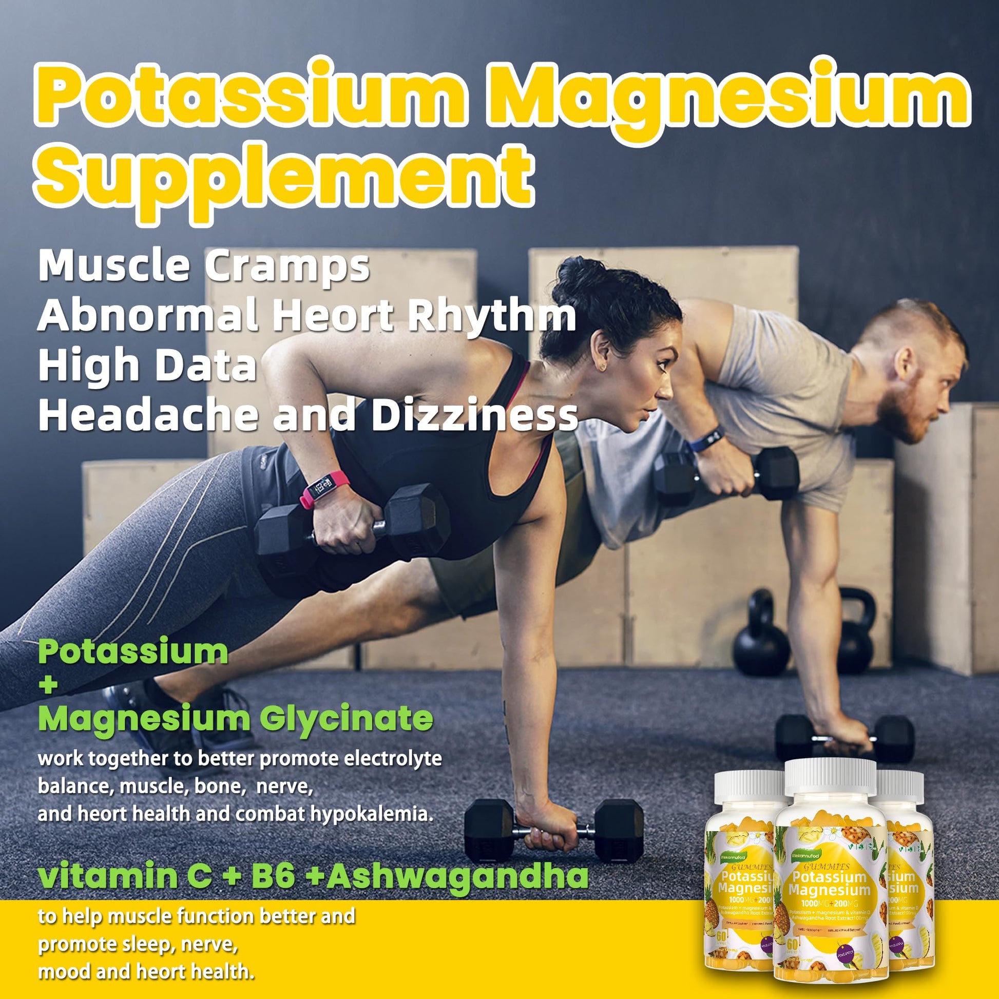 Potassium Magnesium Gummies,High Absorption Magnesium Glycinate,B6,D3,Potassium Citrate for Leg Cramps,Muscle,Electroyte for Adults Kids,Sugar-Free, 60 Gummies (Pineapple) WekannufodBuy Supplements Australia