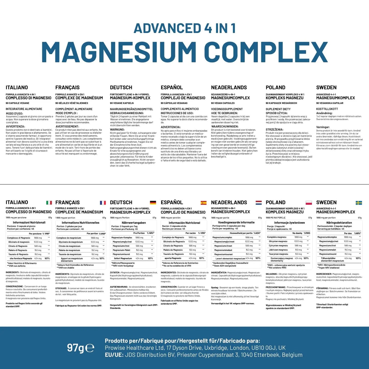 Magnesium Glycinate Complex 4 in 1-1866mg per Serving | Precise 404mg Elemental Magnesium dose | Added Magnesium Glycinate, Citrate, Malate & Taurate | 90 Vegan Capsules - by Prowise PH PROWISE Healthcare buy supplements Au