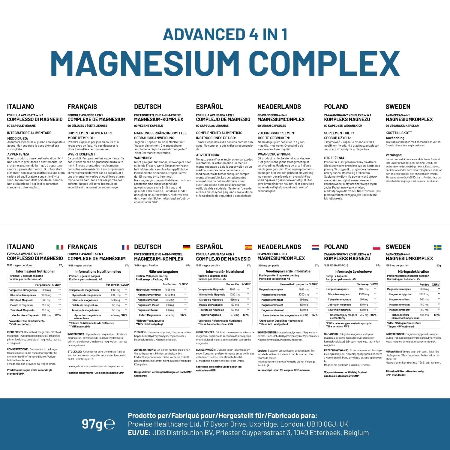 Magnesium Glycinate Complex 4 in 1-1866mg per Serving | Precise 404mg Elemental Magnesium dose | Added Magnesium Glycinate, Citrate, Malate & Taurate | 90 Vegan Capsules - by Prowise PH PROWISE Healthcare buy supplements Au