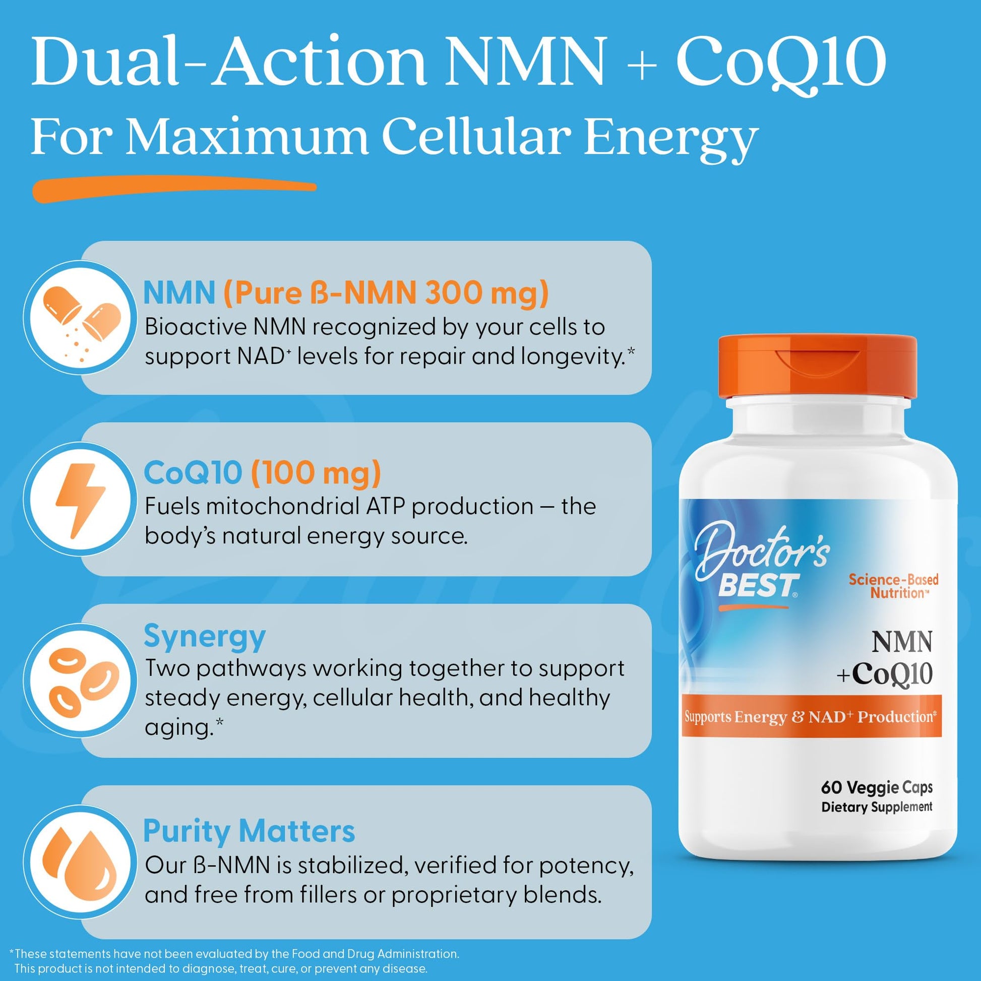 Doctor's Best NMN + CoQ10 Supplement for Women & Men - Supports NAD+ Production & Cellular Energy, Beta Nicotinamide Mononucleotide 150 mg & Coenzyme Q10 50 mg per Capsule, Vegan, Non GMO- 60 Veg Caps Doctor's BESTBuy Supplements Australia