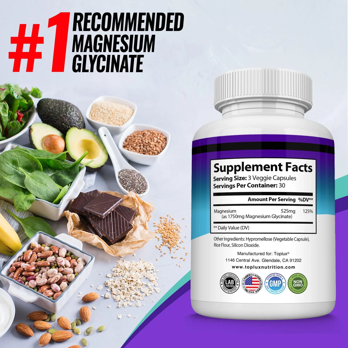 Magnesium Glycinate 525mg - High Absorption Chelated Magnesium Supplement Made with Pure Magnesium Glycinate - Supports Muscles, Sleep, Cramps, Recovery Bisglycinate Toplux