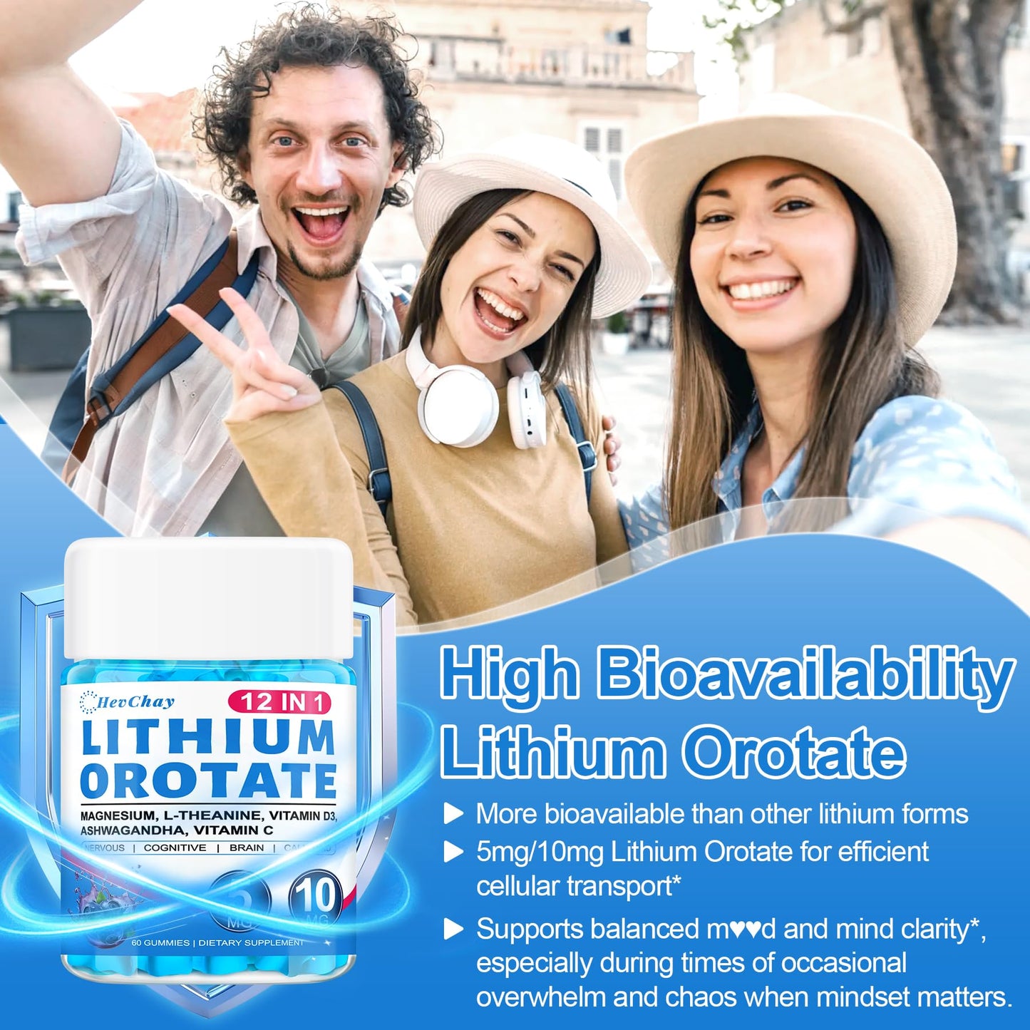 12-in-1 Lithium Orotate 5mg 10mg with Ashwagandha & L-Theanine, Lithium Orotate for Mood, Calm, Cognitive & Brain, High Bioavailability Trace Mineral, Lemon Balm