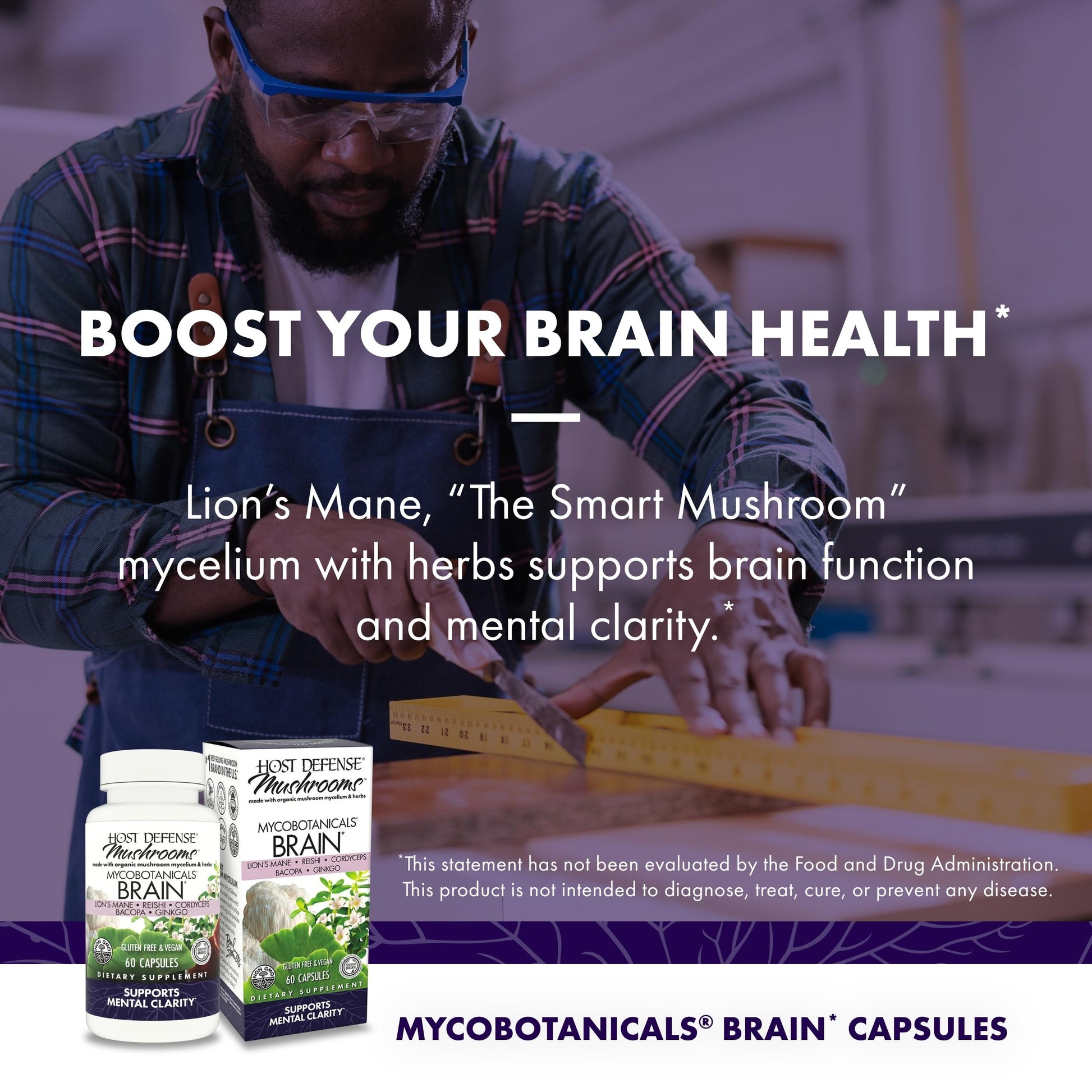 Host Defense MycoBotanicals Brain* Capsules - Brain Support Supplement with Lion's Mane, Reishi & Cordyceps Mushroom - Herbal Supplement for Memory & Focus Support - 60 Capsules Host DefenseBuy Supplements Australia
