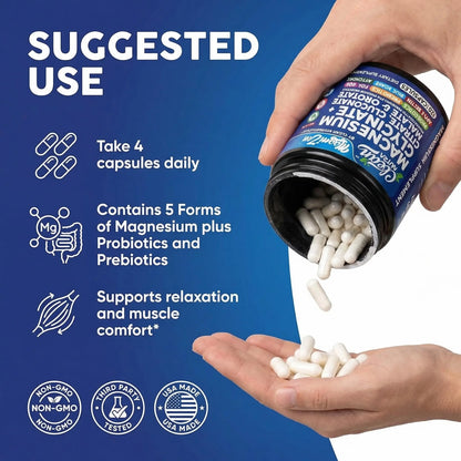 Clean Nutra Magnesium Glycinate Citrate Malate Orotate Taurate Supplement Complex + 10 Strain Probiotic Prebiotics FOS GOS Inulin Sleep Calm Support Apple Pectin – 120 Vegan Capsules Clean Nutraceuticals buy supplements Au