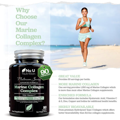 Marine Collagen with Hyaluronic Acid, Vitamin C - 90 Hydrolysed Capsules (not Tablets) - Premium High Strength Collagen Nu U NutritionBuy Supplements Australia