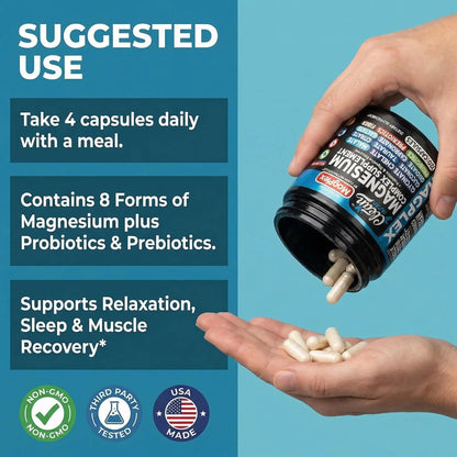 8in1 Magnesium Supplement Complex | Magnesium Glycinate Citrate Malate Gluconate Orotate Carbonate Lactate + Prebiotics Probiotics Digestive Enzymes Magnesio Clean Nutraceuticals