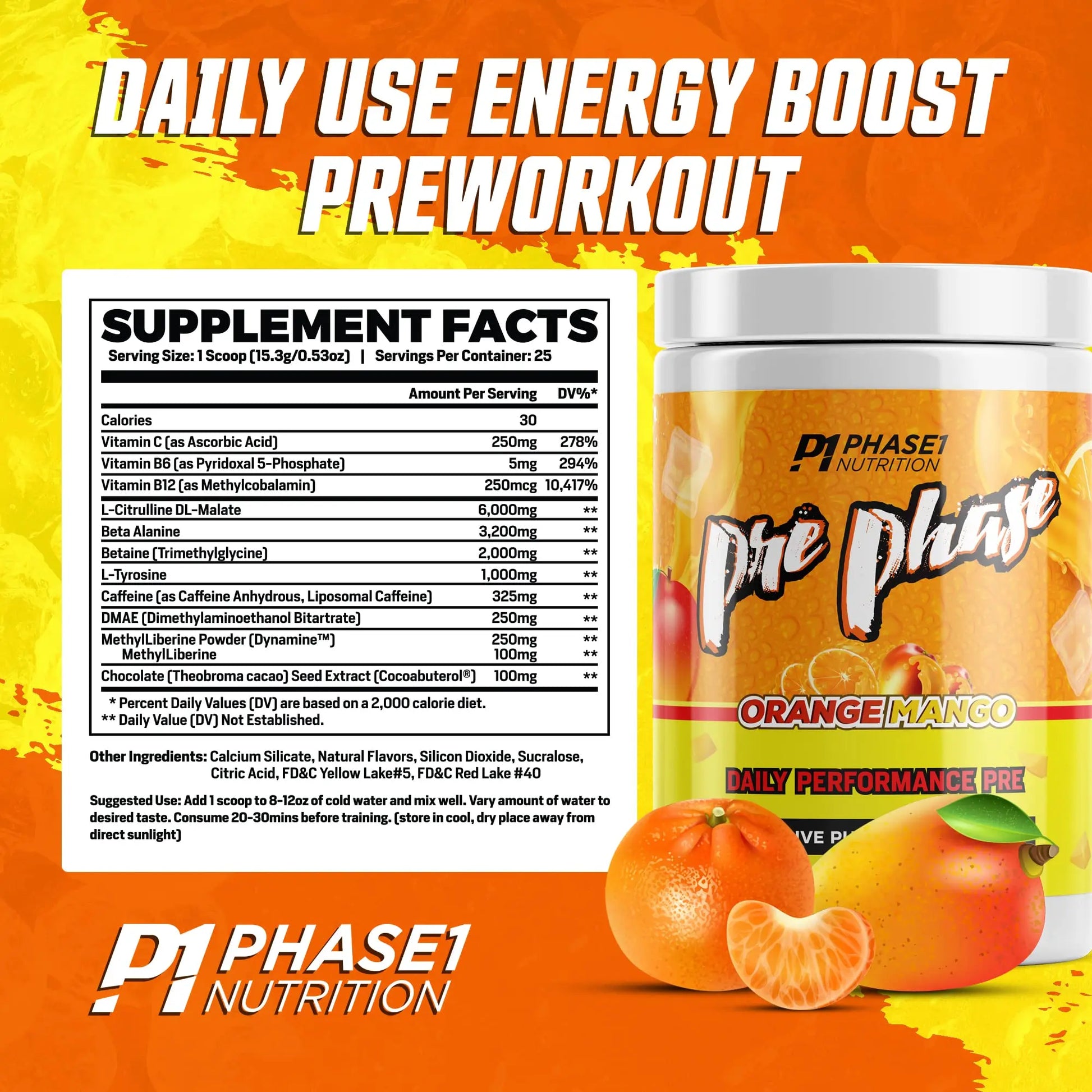 Pre Phase Daily Driver Orange Mango Pre Workout with 325mg Caffeine, Vitamin B12 Phase One Nutrition