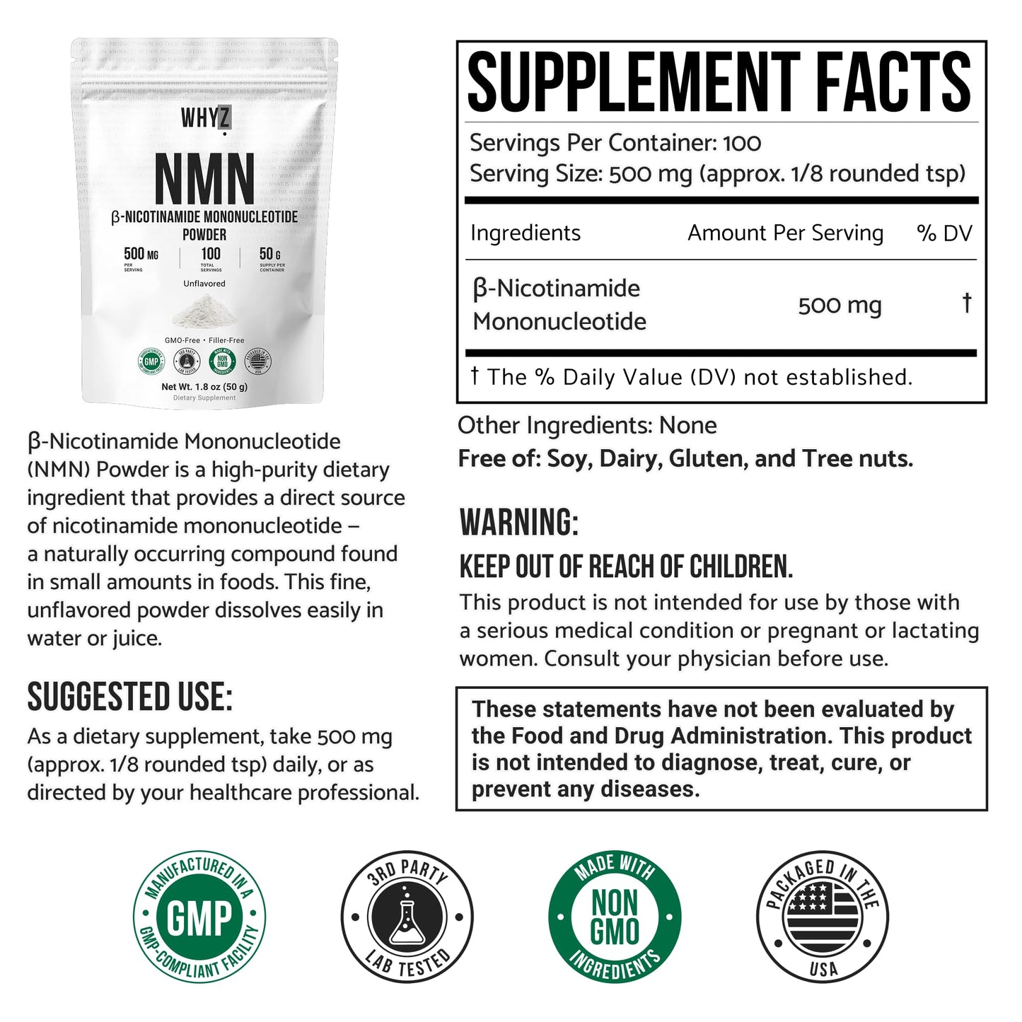 Pure NMN Powder Nicotinamide Mononucleotide Quick Dissolved NMN Supplement Powder 100% Unflavored NMN Supplement Supports NAD+ Levels Vegan Friendly Non-GMO, 50g WHYZBuy Supplements Australia