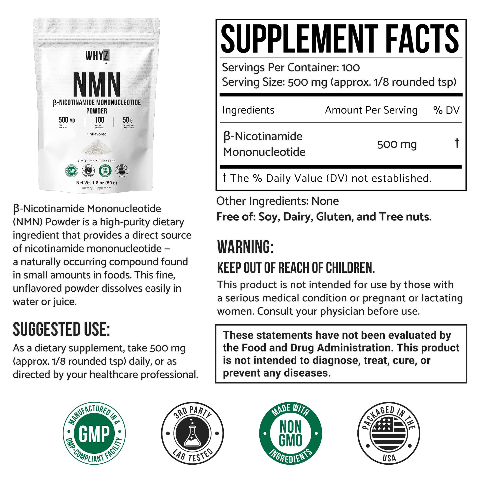 Pure NMN Powder Nicotinamide Mononucleotide Quick Dissolved NMN Supplement Powder 100% Unflavored NMN Supplement Supports NAD+ Levels Vegan Friendly Non-GMO, 50g WHYZBuy Supplements Australia