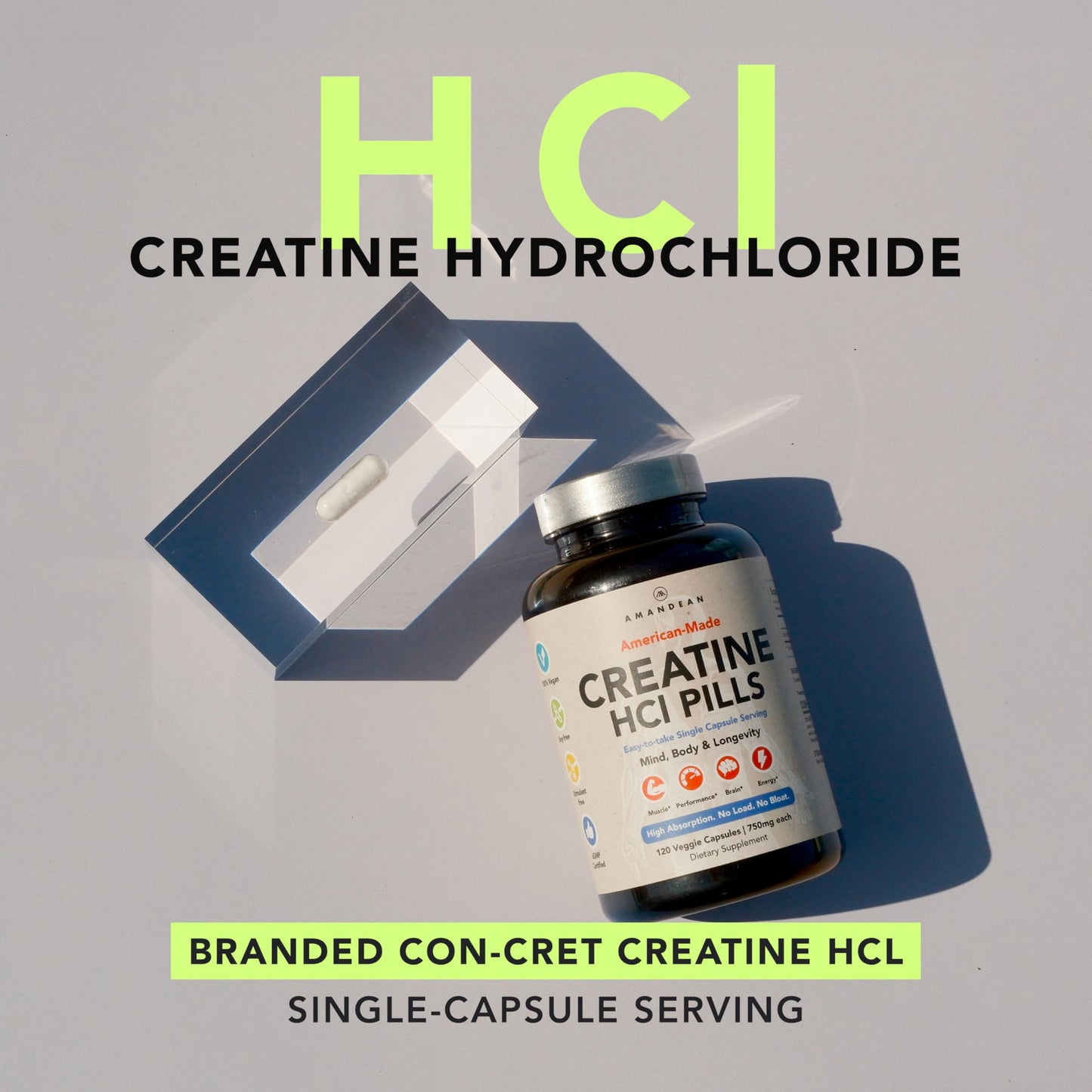 AMANDEAN Creatine HCl Pills. American Made CON-CRET. 120 Capsules. 7X Concentrated vs Monohydrate Powder. No Bloat. Muscle, Energy, Cognitive, Recovery Support for Men & Women. Gluten Free, Non-GMO. AMANDEANBuy Supplements Australia