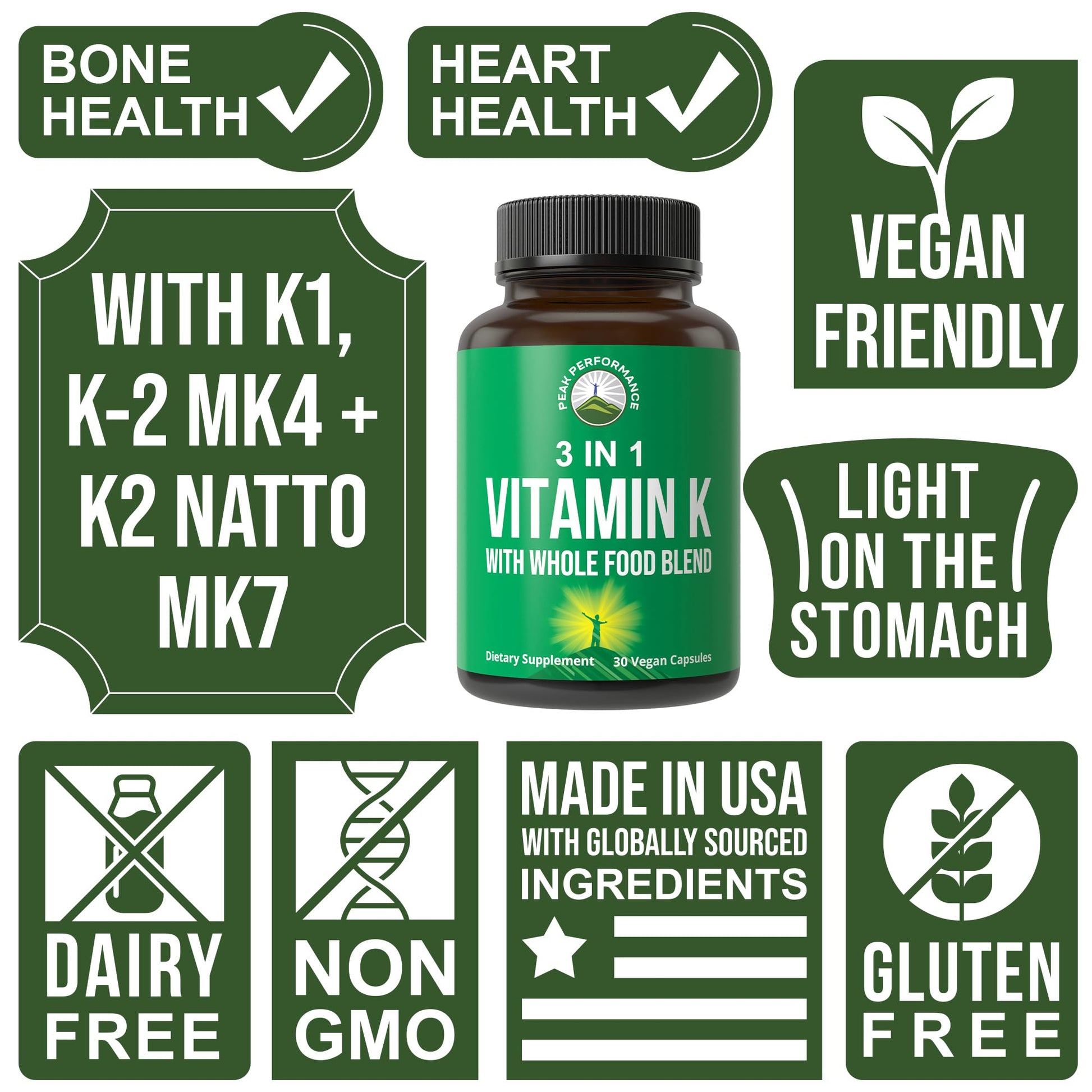 Vitamin K with Whole Food Blend of 25+ Vegetables and Fruits for Max Absorption. Vegan Capsules Supplement. Vitamins K1, K-2 MK4 + K2 Natto MK7. Alternative to Drops, Gummies. VIT K with K 2 and MK-7 Peak PerformanceBuy Supplements Australia