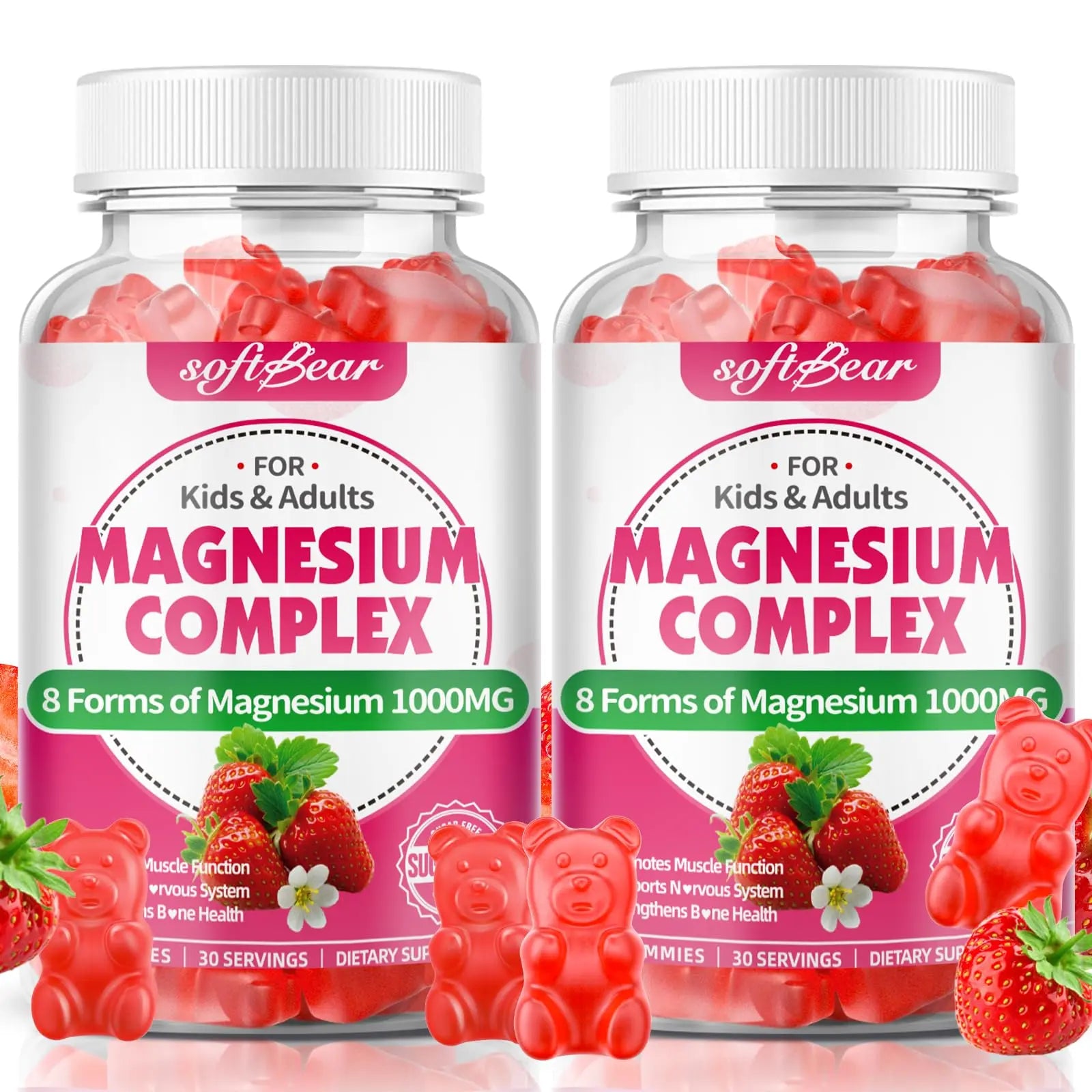 Two bottles of softBear magnesium complex gummy bears on a white background