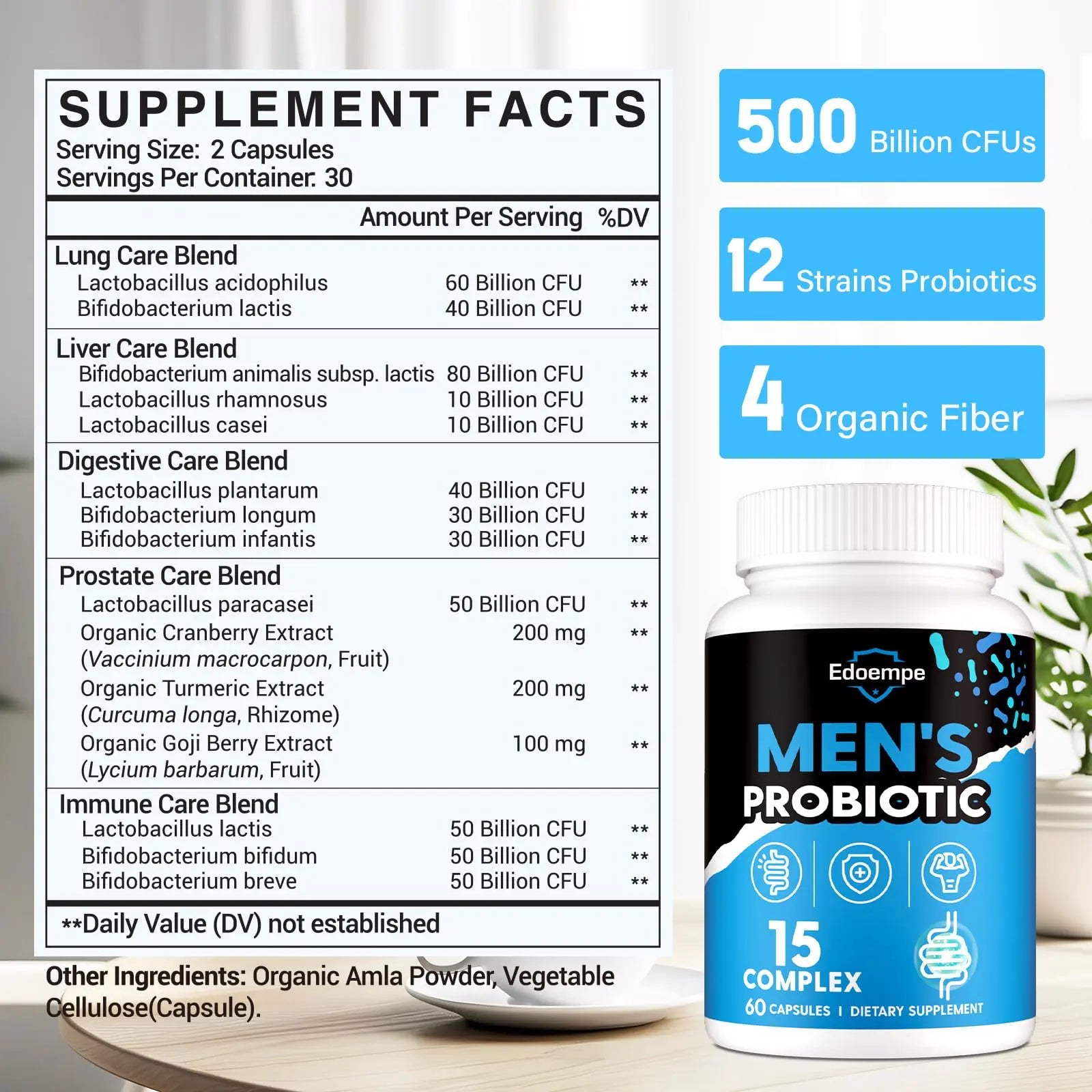 Probiotics for Men, 500 Billion CFUs 12 Strains, Mens Probiotics for Gut Health*, Digestive Health*, Energy, Prostate & Urinary Tract*, with Cranberry, Goji, Turmeric & Amla, Shelf Stable, 60 Caps Edoempe buy supplements Au