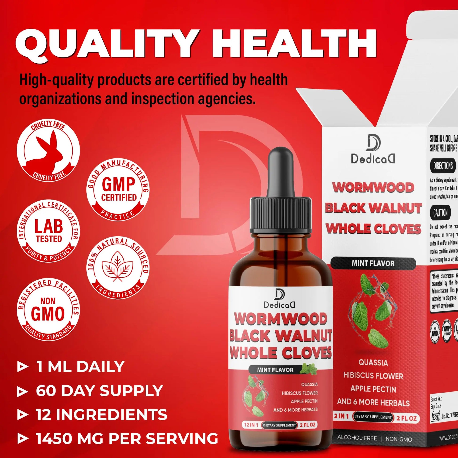 DEDICAD 12in1 Wormwood Liquid Drops Added Black Walnut, Whole Cloves and 9 More Herbs - 2 Fl Oz - 60 Days Supply - Mint Flavor DEDICAD buy supplements Au
