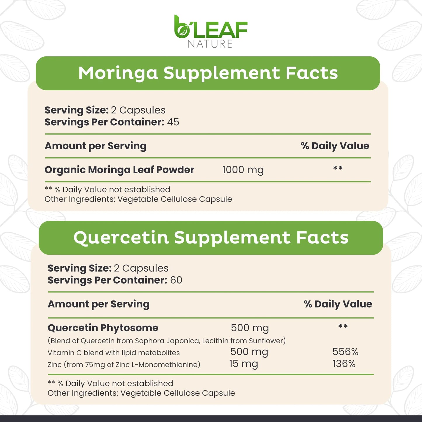B'LEAF NATURE Moringa and Quercetin Bundle - Non-GMO, Vegan, High Absorption Capsules - 1000mg Quercetin Phytosome Blend + 1000mg Moringa - Natural Energy, Wellness and Immune Support Supplements B'LEAF NATURE buy supplements Au