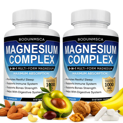 Two bottles of Bodunmsca Magnesium Complex with health benefits displayed.