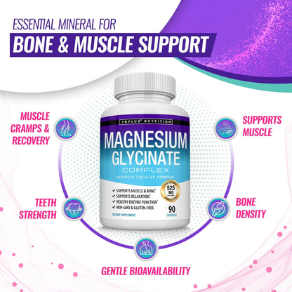 Magnesium Glycinate 525mg - High Absorption Chelated Magnesium Supplement Made with Pure Magnesium Glycinate - Supports Muscles, Sleep, Cramps, Recovery Bisglycinate Toplux