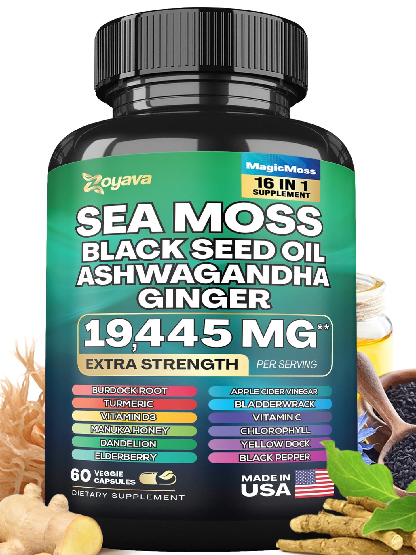 Zoyava Magic Moss Blend Sea Moss 7000mg Ashwagandha 2000mg Black Seed Oil Zoyava