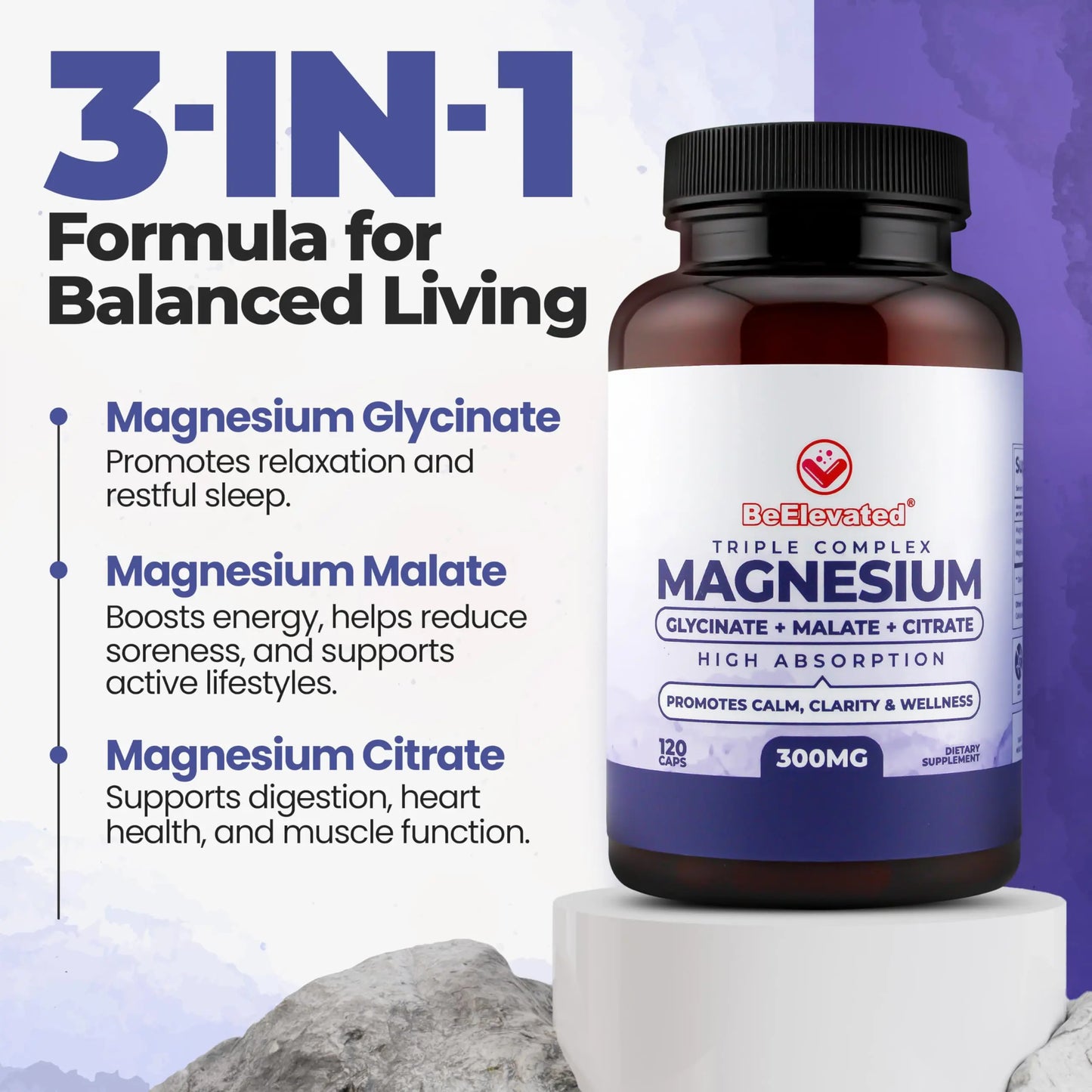 BeElevated High Absorption Triple Magnesium Complex for Sleep, Relaxation & Muscle Support – 300mg of Magnesium Glycinate, Citrate & Malate BeElevated