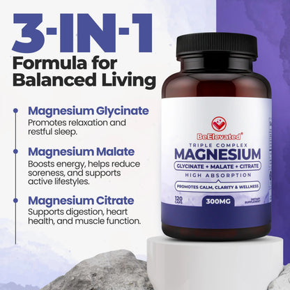 BeElevated High Absorption Triple Magnesium Complex for Sleep, Relaxation & Muscle Support – 300mg of Magnesium Glycinate, Citrate & Malate BeElevated