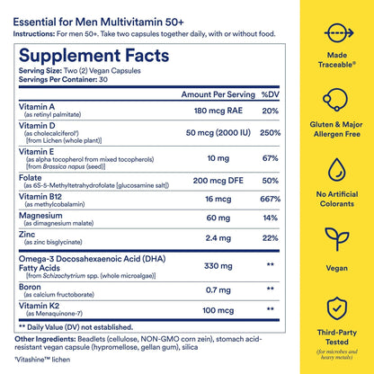Ritual Multivitamin for Men 50+, Vegan, with Zinc, Vitamin A and D3 for Immune Function Support*, Omega-3 DHA, B12, K2 RitualBuy Supplements Australia