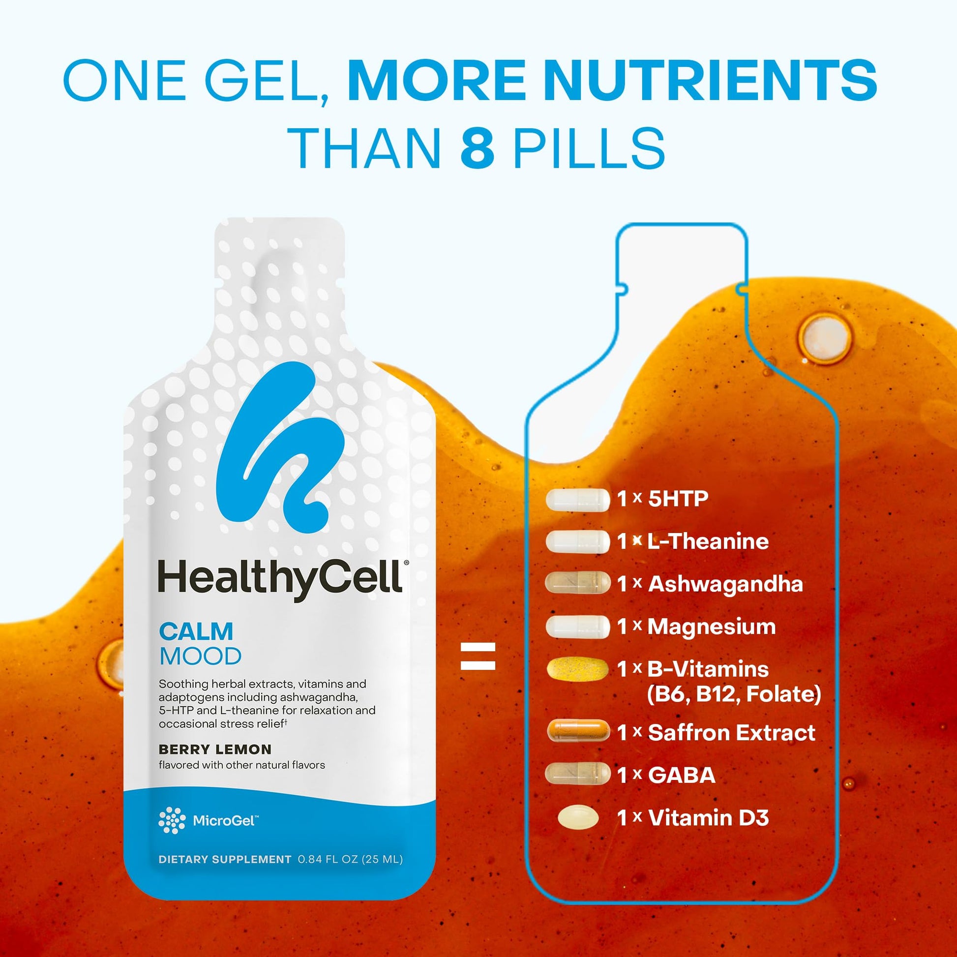 Healthycell Calm Mood Daily Liquid Supplement - Cortisol Manager & Mood Support Supplement for Stress with Ashwagandha, L-Theanine, Magnesium, 5-HTP, GABA & Saffron - 30 Gel Packs HealthycellBuy Supplements Australia