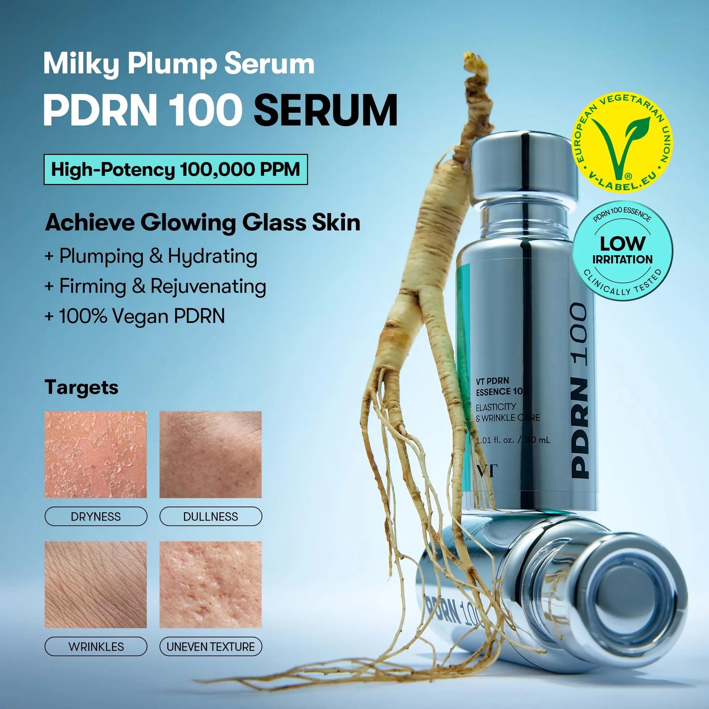 VT COSMETICS PDRN 100 Essence, Intensive Glow Serum, 100,000ppm Vegan PDRN, Skin Restoration & Plumping, Hydrating & Moisturizing VT COSMETICS