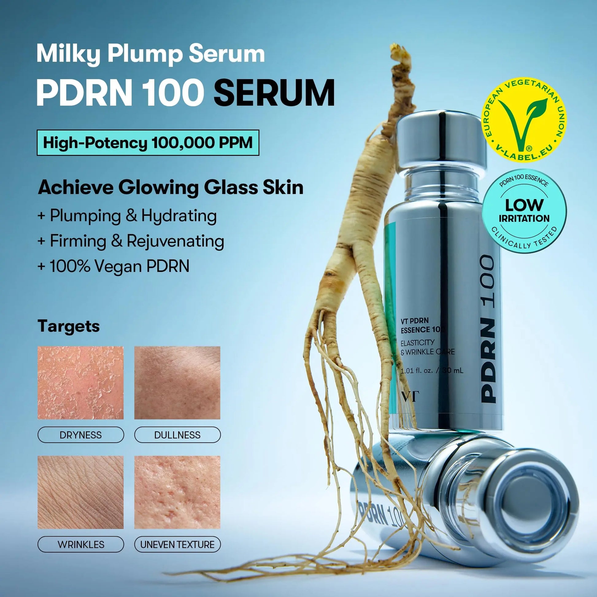 VT COSMETICS PDRN 100 Essence, Intensive Glow Serum, 100,000ppm Vegan PDRN, Skin Restoration & Plumping, Hydrating & Moisturizing VT COSMETICS
