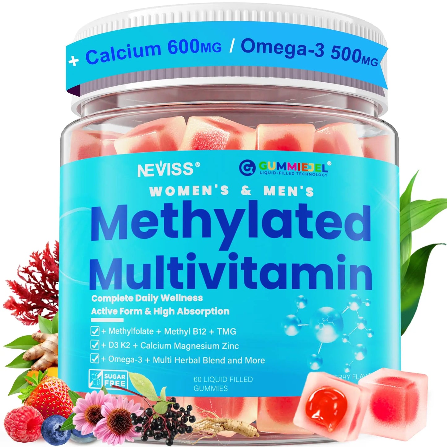 Neviss Methylated Multivitamin gummies container with blue label and gummy vitamins visible.