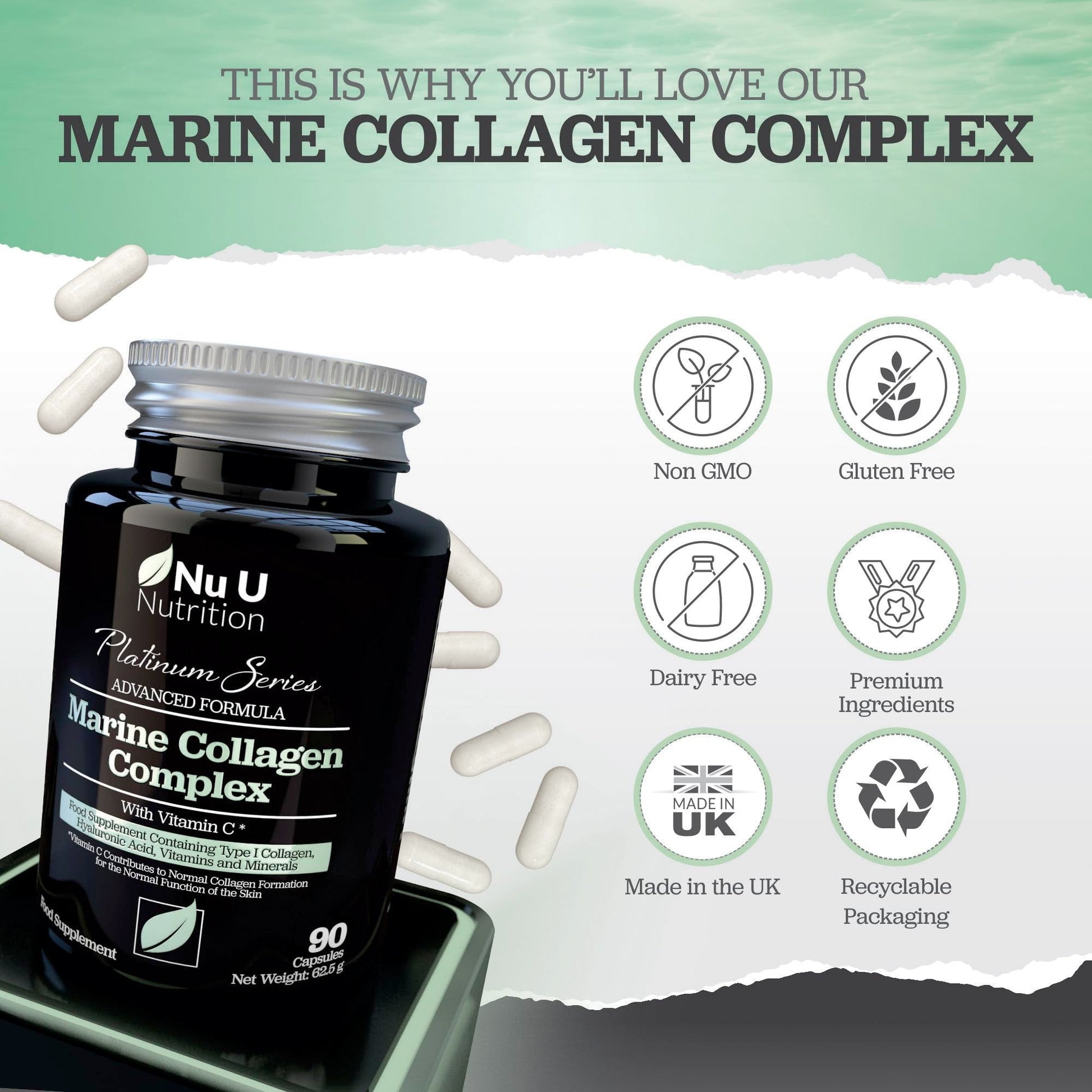 Marine Collagen with Hyaluronic Acid, Vitamin C - 90 Hydrolysed Capsules (not Tablets Nu U NutritionBuy Supplements Australia