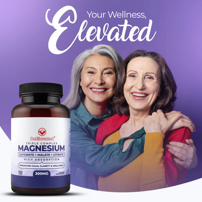 BeElevated High Absorption Triple Magnesium Complex for Sleep, Relaxation & Muscle Support – 300mg of Magnesium Glycinate, Citrate & Malate BeElevated