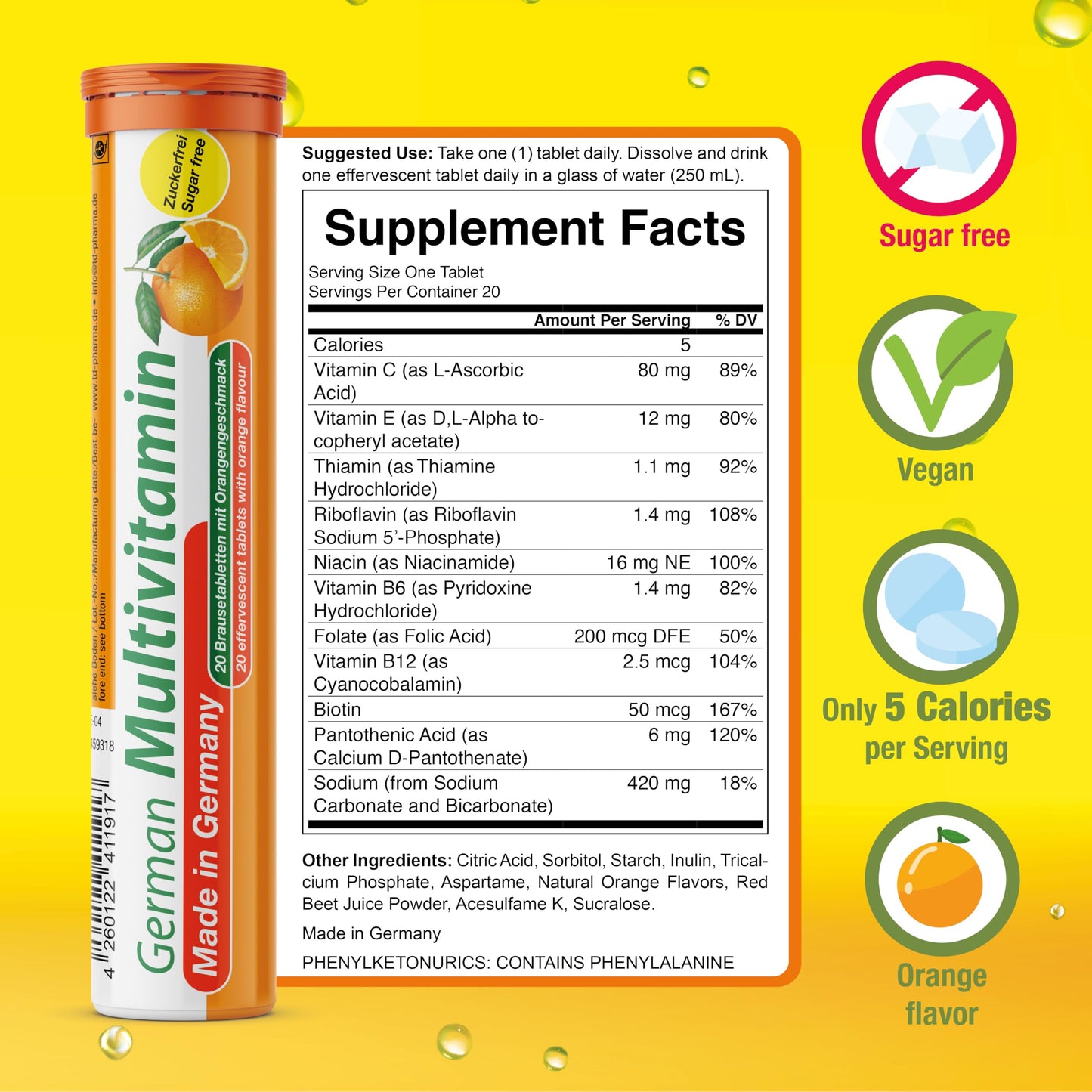 T&D German Multvitamin 10 Vitamins - 40 Vegan Drink Effervescent Tablets - Orange Flavor - Made in Germany T&D buy supplements Au