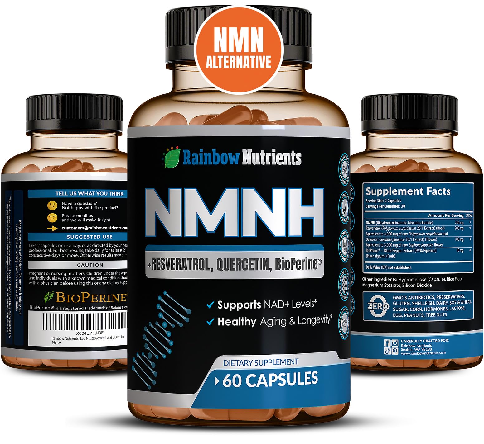 NMNH Supplement (NMN Alternative) NAD Booster for Anti-Aging, Cellular Energy & Nice Skin- Dihydronicotinamide mononucleotide, Resveratrol, Quercetin & BioPerine® for Max Absorption- 60 caps Rainbow Nutrients, LLCBuy Supplements Australia