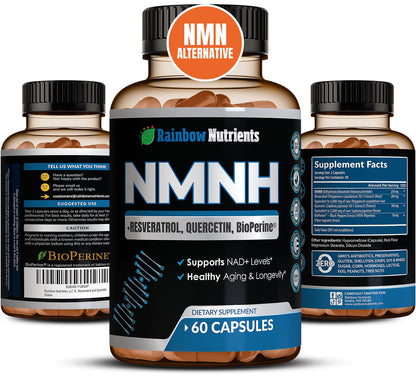 NMNH Supplement (NMN Alternative) NAD Booster for Anti-Aging, Cellular Energy & Nice Skin- Dihydronicotinamide mononucleotide, Resveratrol, Quercetin & BioPerine® for Max Absorption- 60 caps Rainbow Nutrients, LLCBuy Supplements Australia