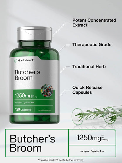 Butchers Broom Capsules 1250mg | 120 Count | Non-GMO, Gluten Free | Traditional Herb Horbäach
