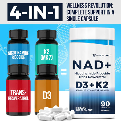 Anti-Aging Energy NAD Supplement – NMN Alternative with Nicotinamide Riboside 1000mg, Trans-Resveratrol 300mg, Vitamin D3 4000 IU and K2 110 mcg MK7 – Vegetarian 60 Capsules, 1300mg Vita GuardBuy Supplements Australia