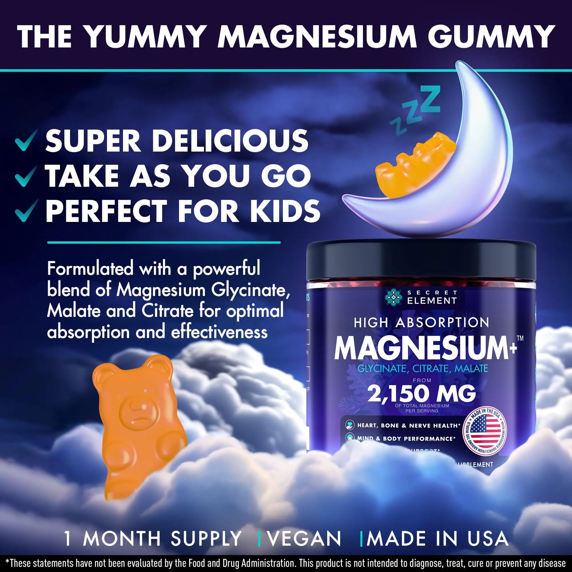 Secret Element Magnesium Glycinate 2150MG Gummies for Women and Men, High Absorption Magnesium Glycinate, Citrate, Malate Gummies for Adults & Kids, Sleep Support Secret Element