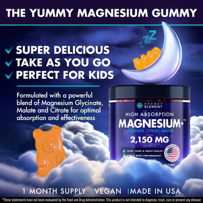 Secret Element Magnesium Glycinate 2150MG Gummies for Women and Men, High Absorption Magnesium Glycinate, Citrate, Malate Gummies for Adults & Kids, Sleep Support Secret Element